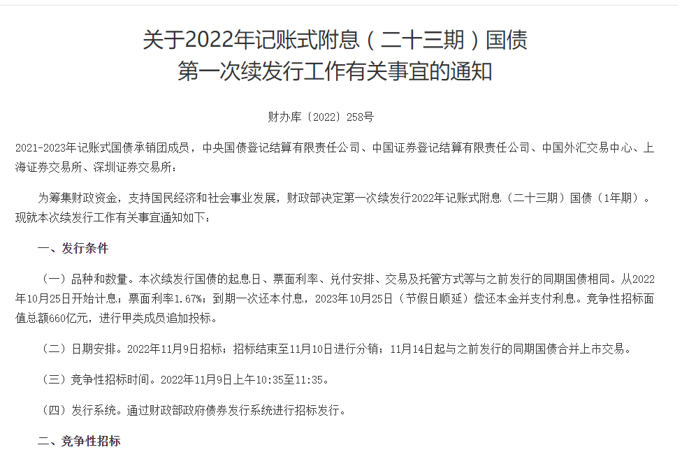 财政部决定第一次续发行2022年记账式附息（二十三期）国债（1年期）